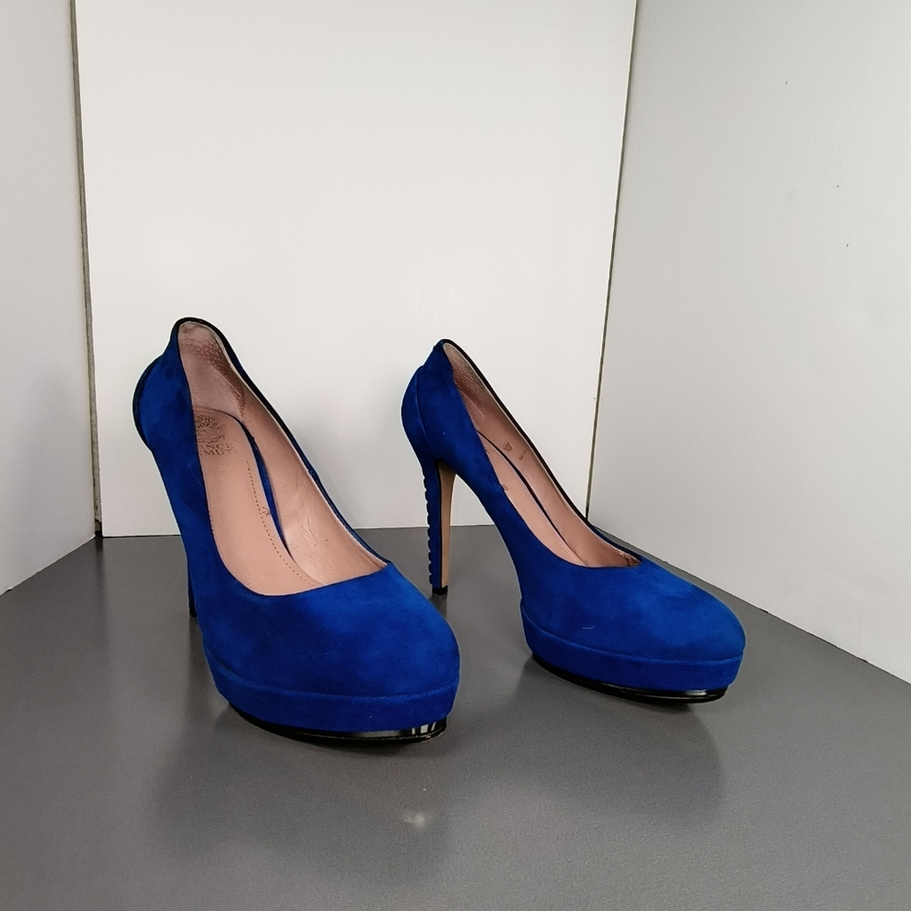 Vince Camuto Blue Suede Studded Heels used Has Stains